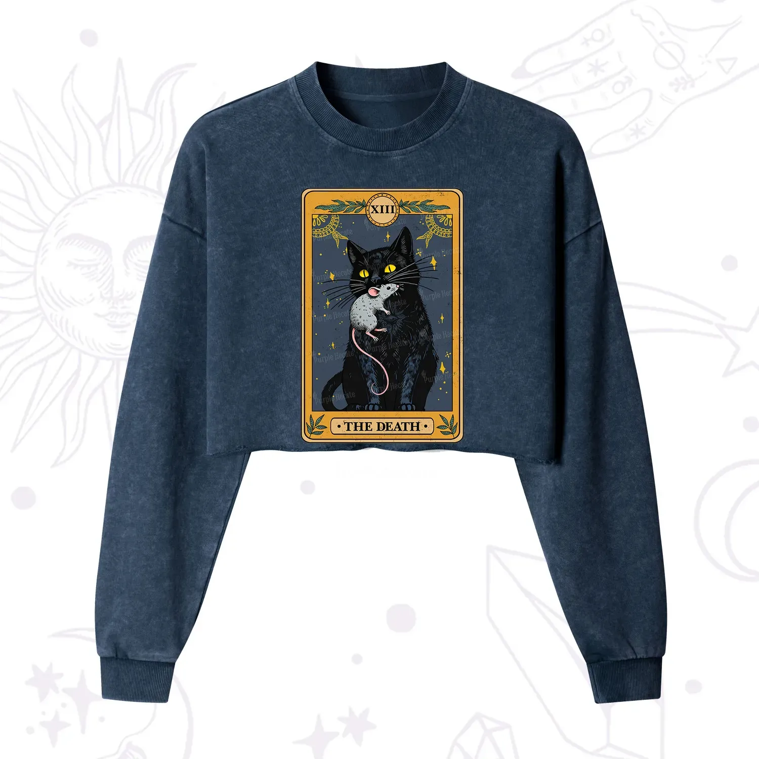 Purplehecate The Death Tarot Cat Cropped Washed Sweatshirt