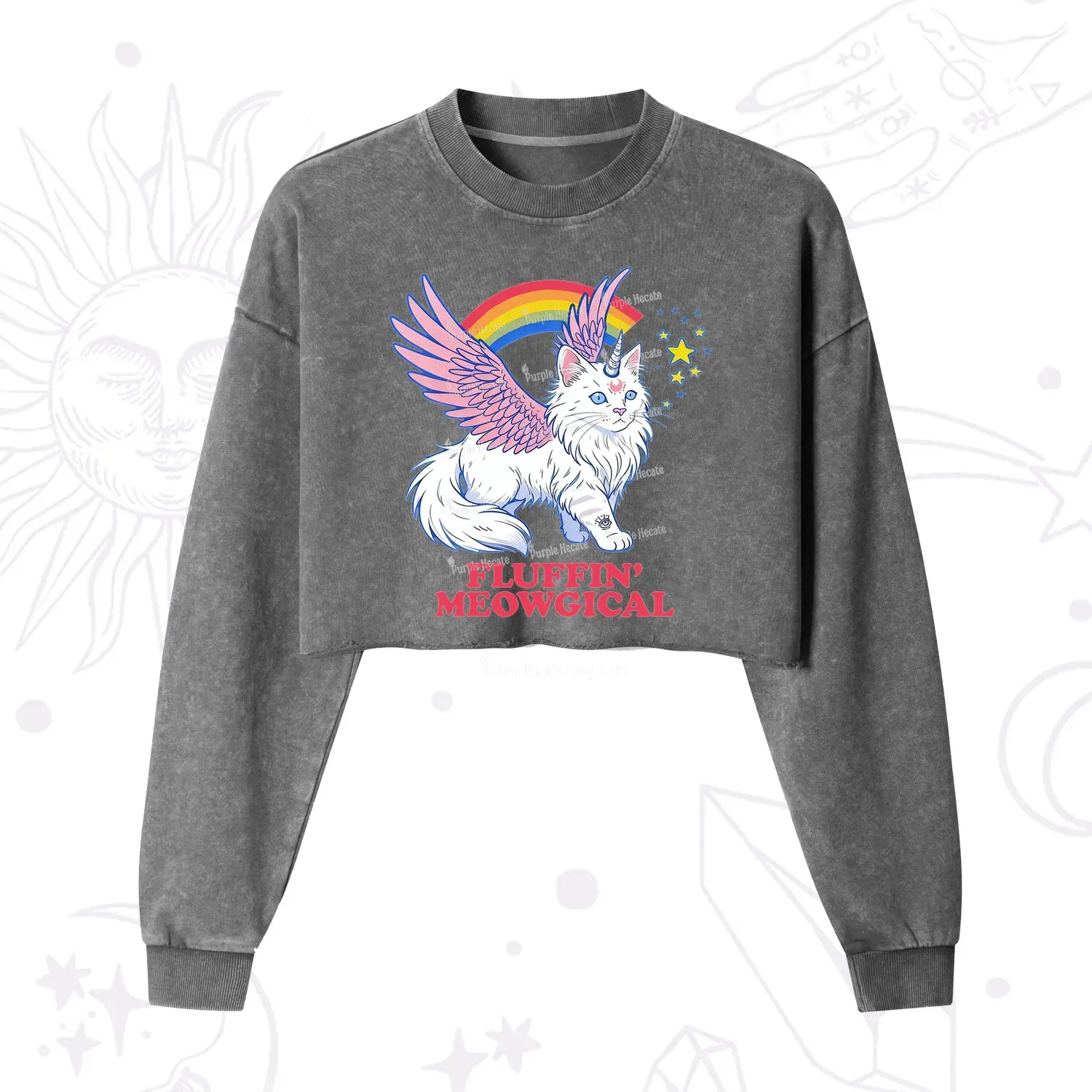 Purplehecate Fluffin Meowgical Cropped Washed Sweatshirt