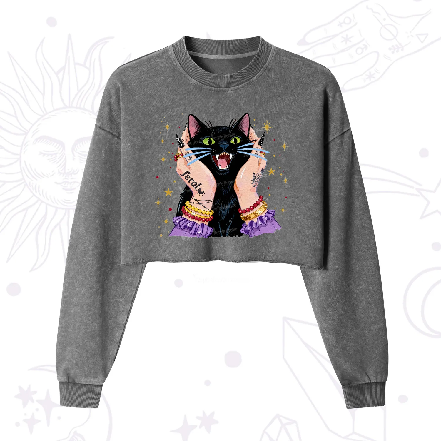 Purplehecate Feral Cat Magic Cropped Washed Sweatshirt