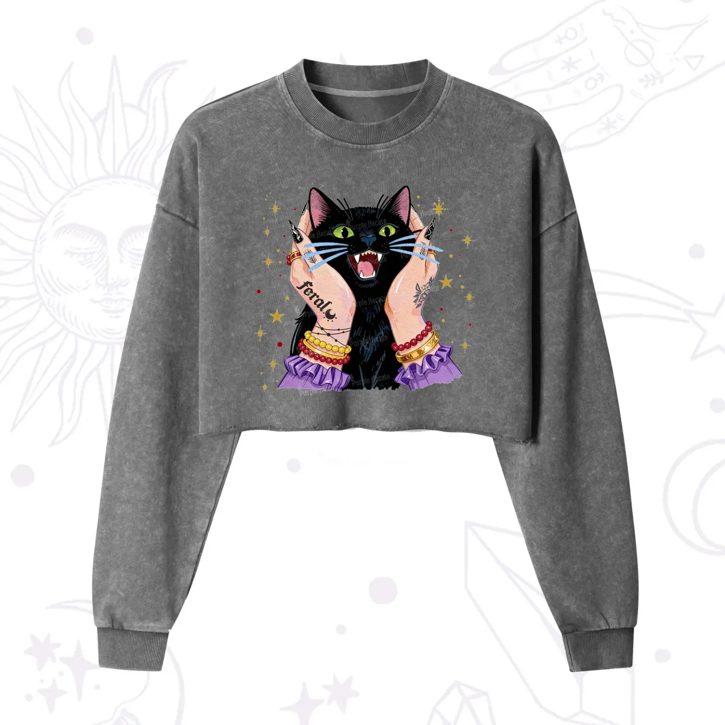 Purplehecate Feral Cat Magic Cropped Washed Sweatshirt