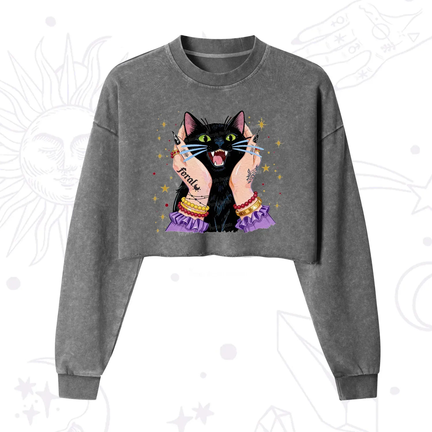 Purplehecate Feral Cat Magic Cropped Washed Sweatshirt