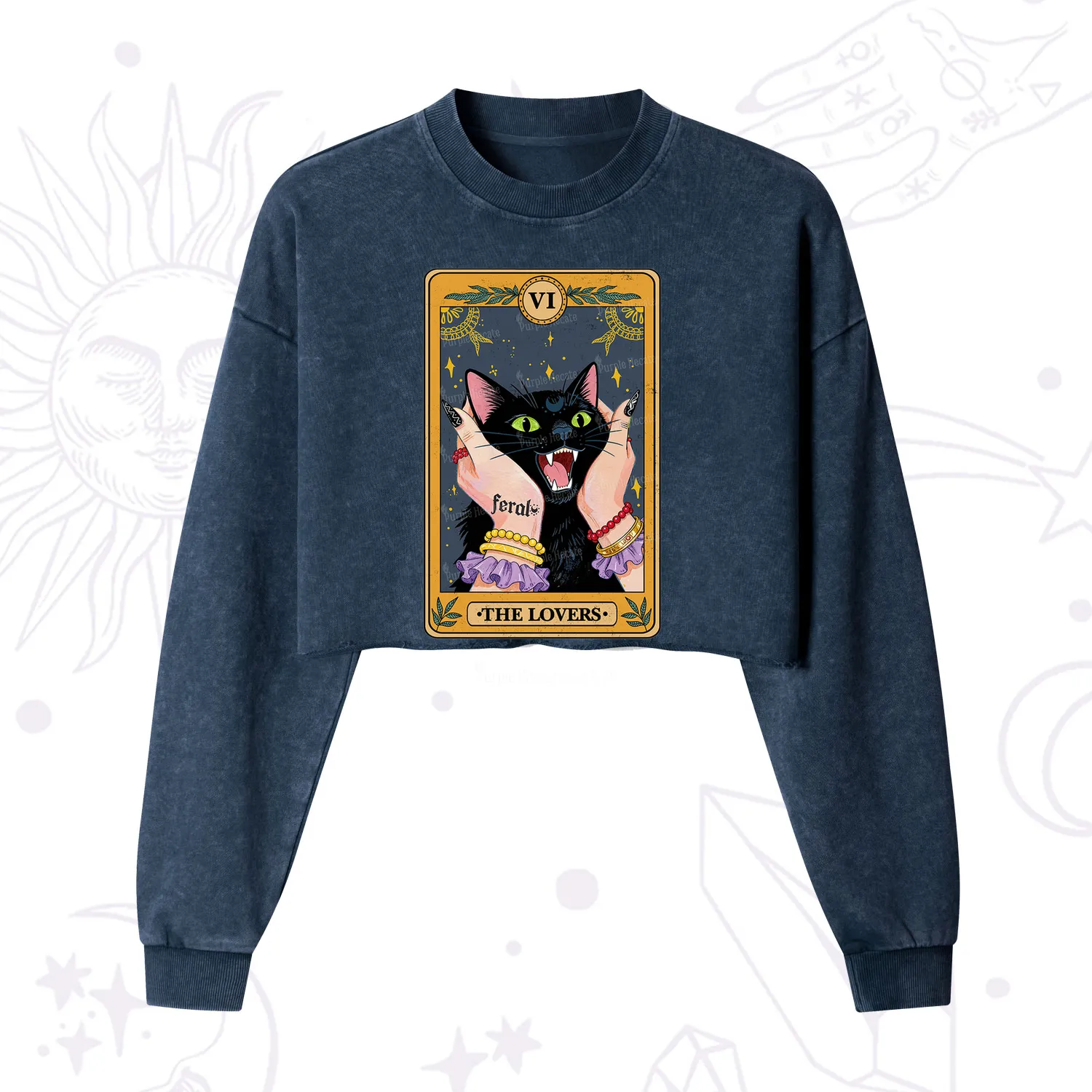 Purplehecate The Lovers Tarot Feral Cat Cropped Washed Sweatshirt