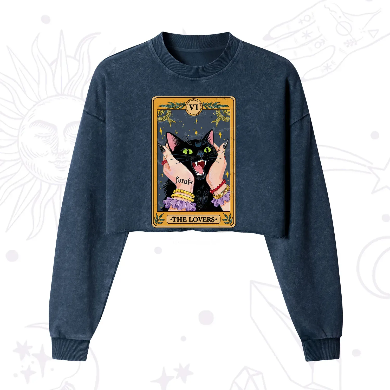 Purplehecate The Lovers Tarot Feral Cat Cropped Washed Sweatshirt