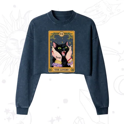 Purplehecate The Lovers Tarot Feral Cat Cropped Washed Sweatshirt