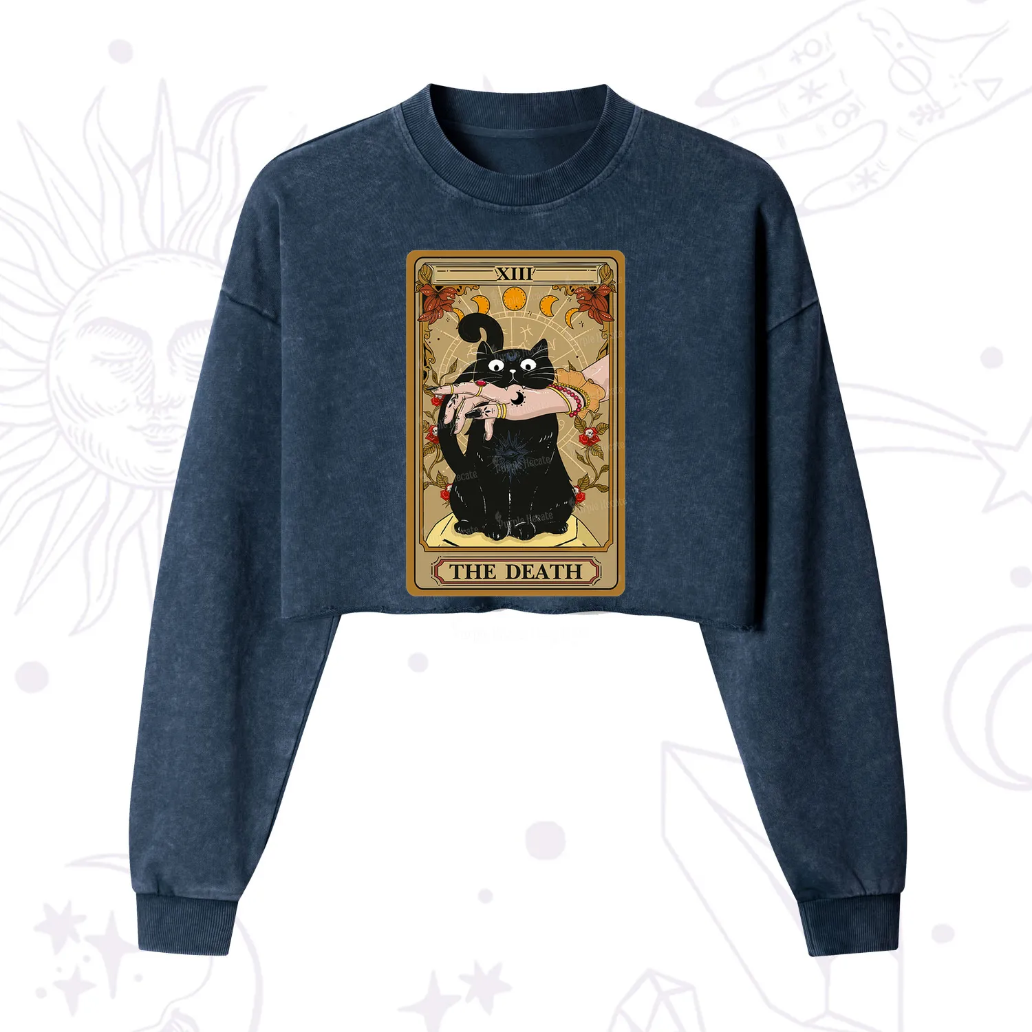 Purplehecate The Death Tarot Black Cat Cropped Washed Sweatshirt