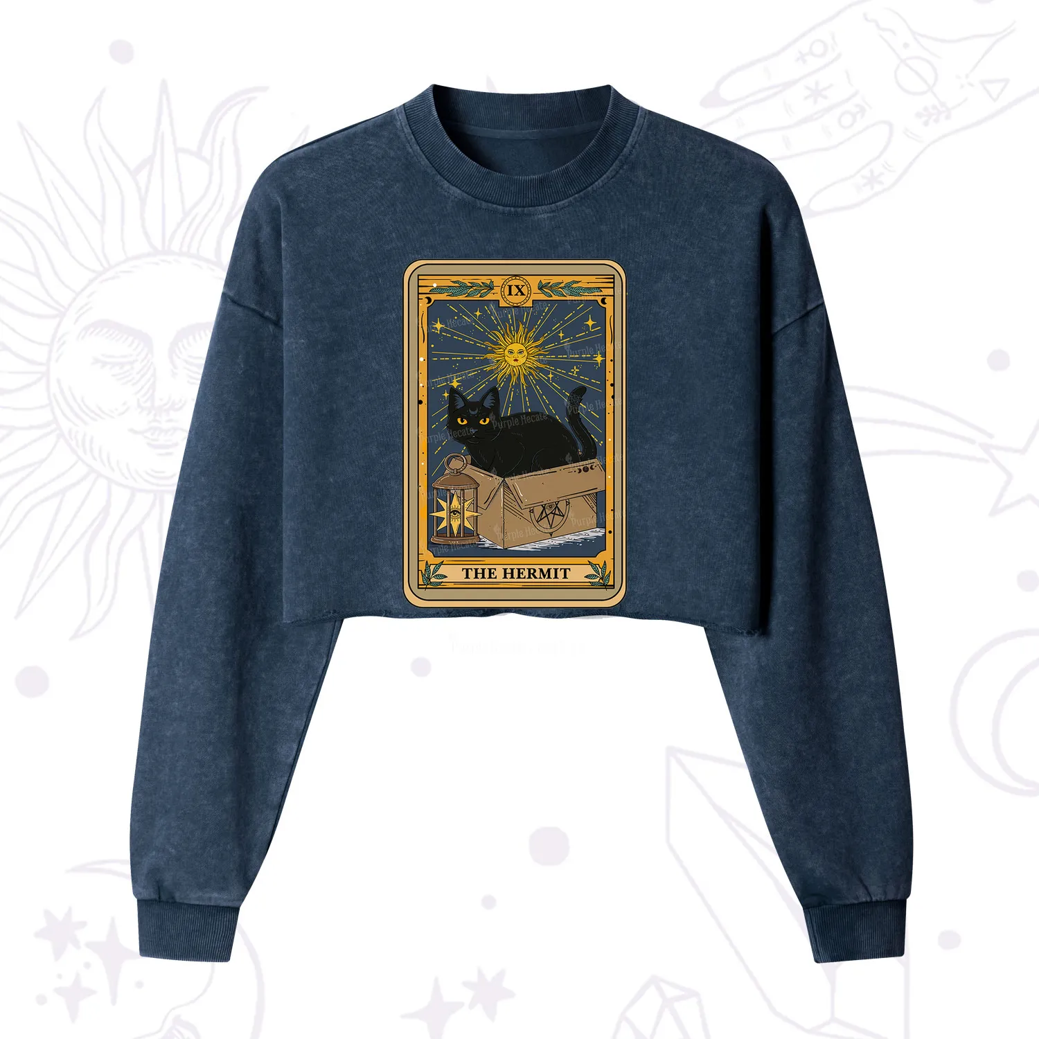 Purplehecate The Hermit Card Cat Lover Cropped Washed Sweatshirt