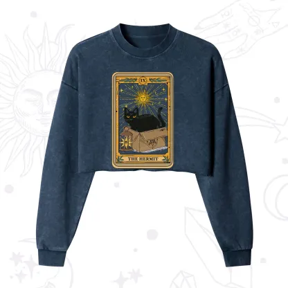Purplehecate The Hermit Card Cat Lover Cropped Washed Sweatshirt