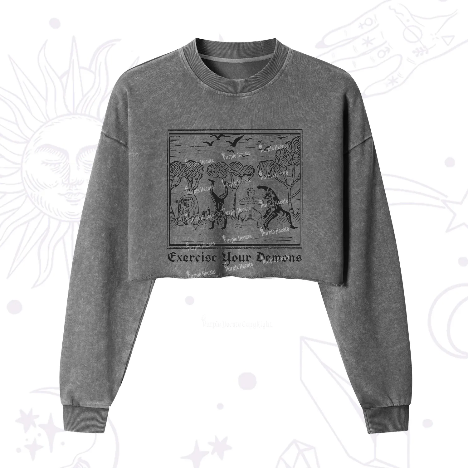 Purplehecate Exercise Your Demons Cropped Washed Sweatshirt
