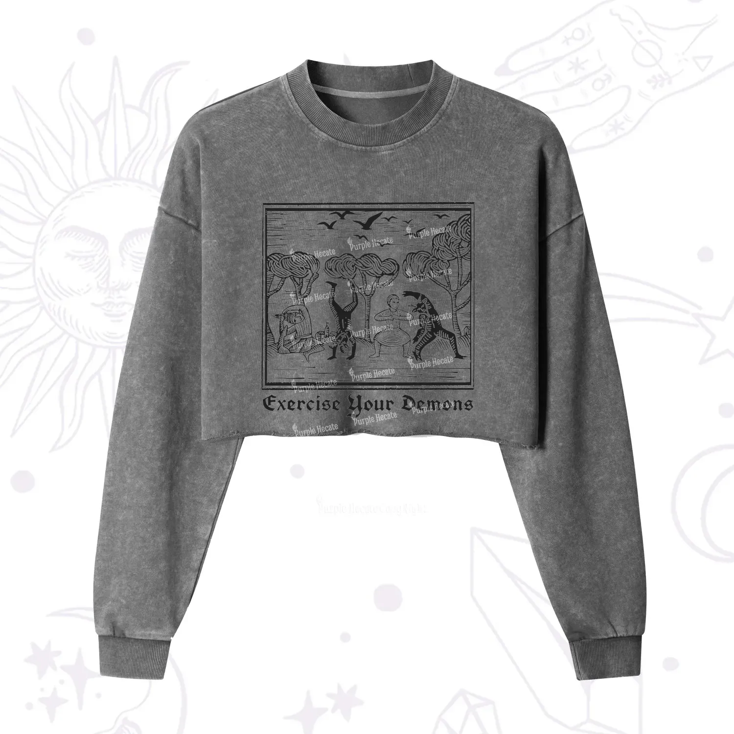 Purplehecate Exercise Your Demons Cropped Washed Sweatshirt