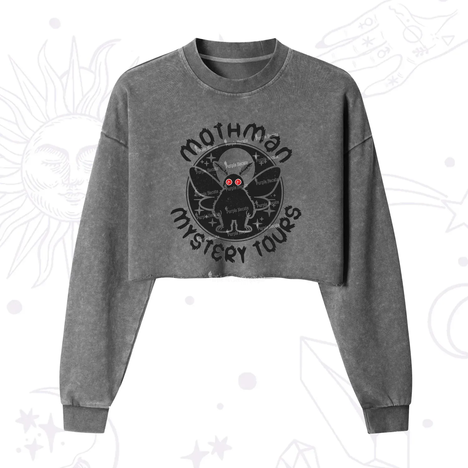 Purplehecate Mothman Mystery Tours Cropped Washed Sweatshirt