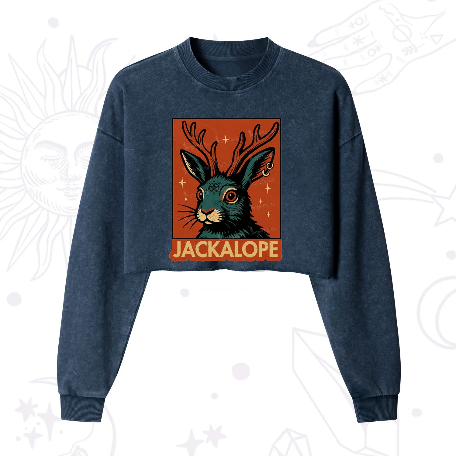 Purplehecate Funny Jackalope Cropped Washed Sweatshirt