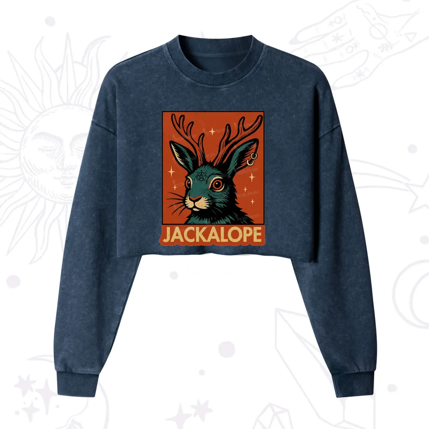 Purplehecate Funny Jackalope Cropped Washed Sweatshirt