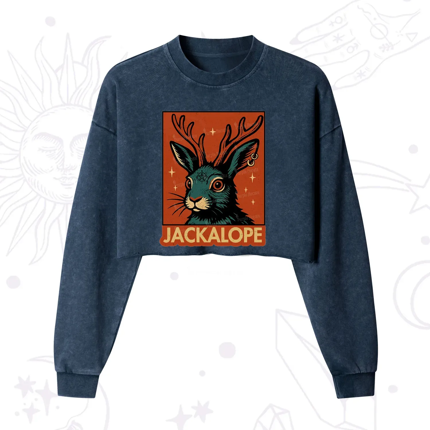 Purplehecate Funny Jackalope Cropped Washed Sweatshirt