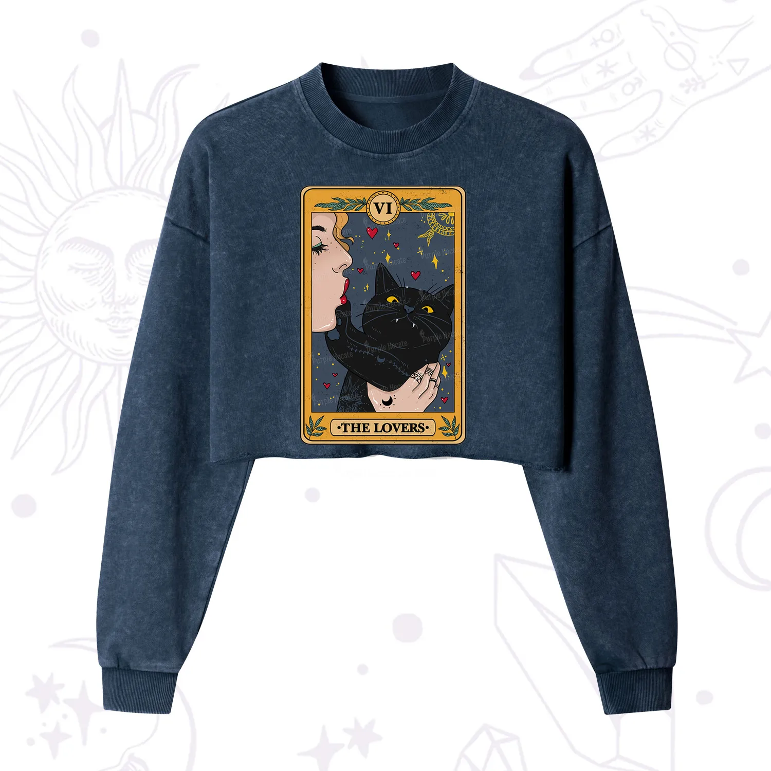 Purplehecate The Lovers Cat Tarot Cropped Washed Sweatshirt