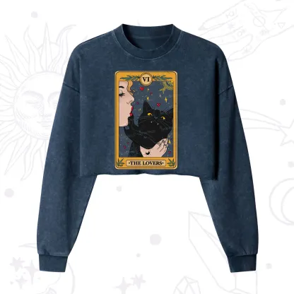 Purplehecate The Lovers Cat Tarot Cropped Washed Sweatshirt