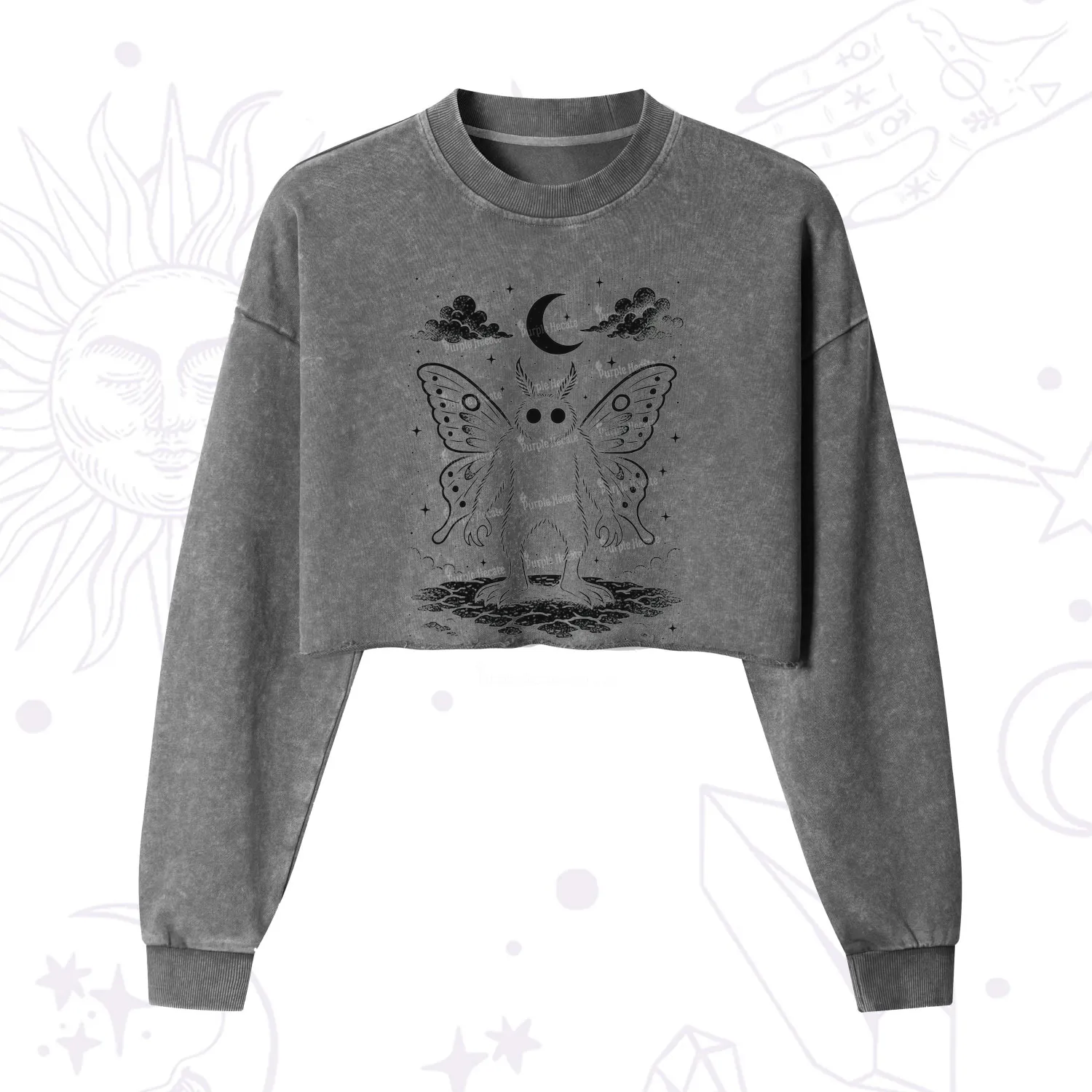 Purplehecate Celestial Cryptid Mothman Cropped Washed Sweatshirt