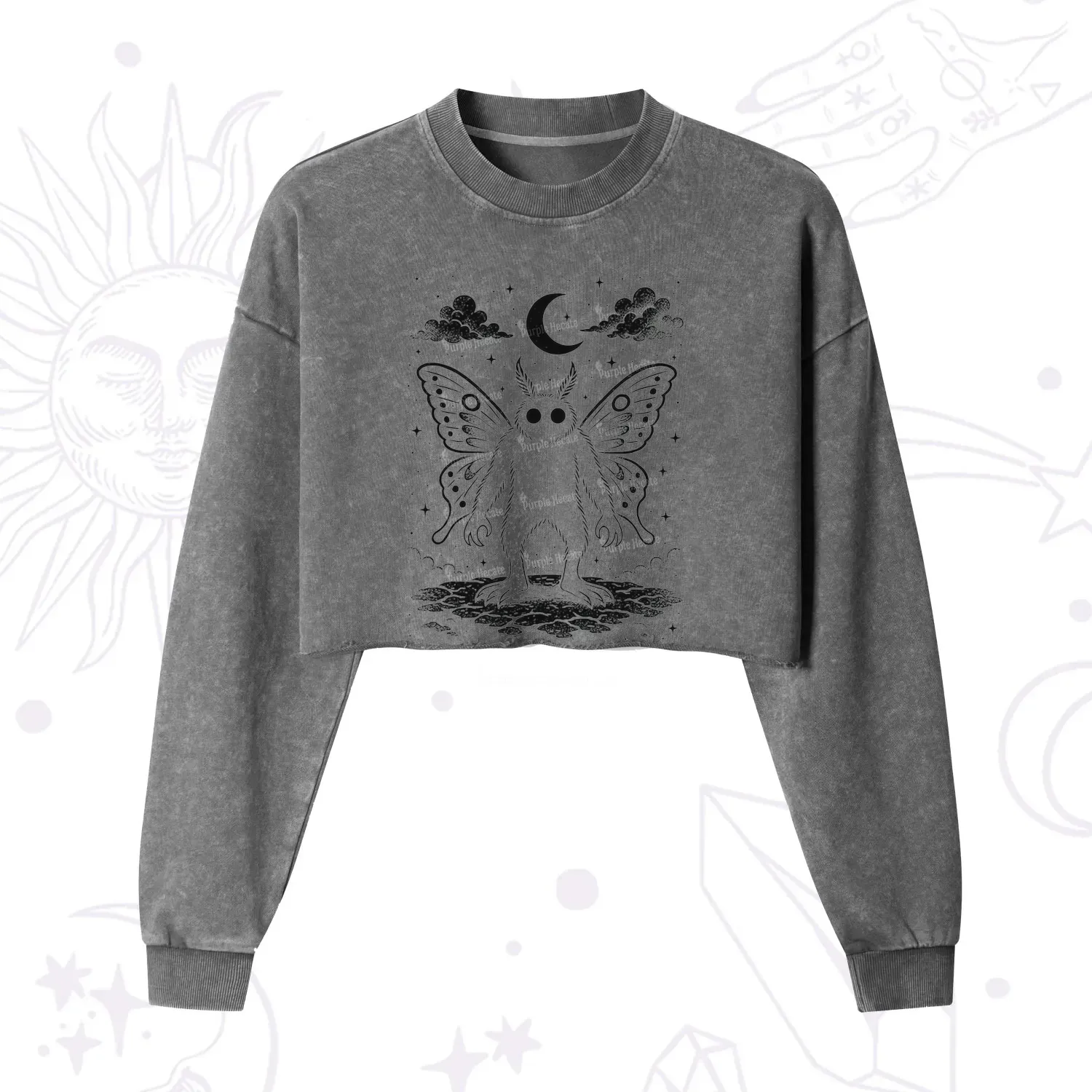 Purplehecate Celestial Cryptid Mothman Cropped Washed Sweatshirt