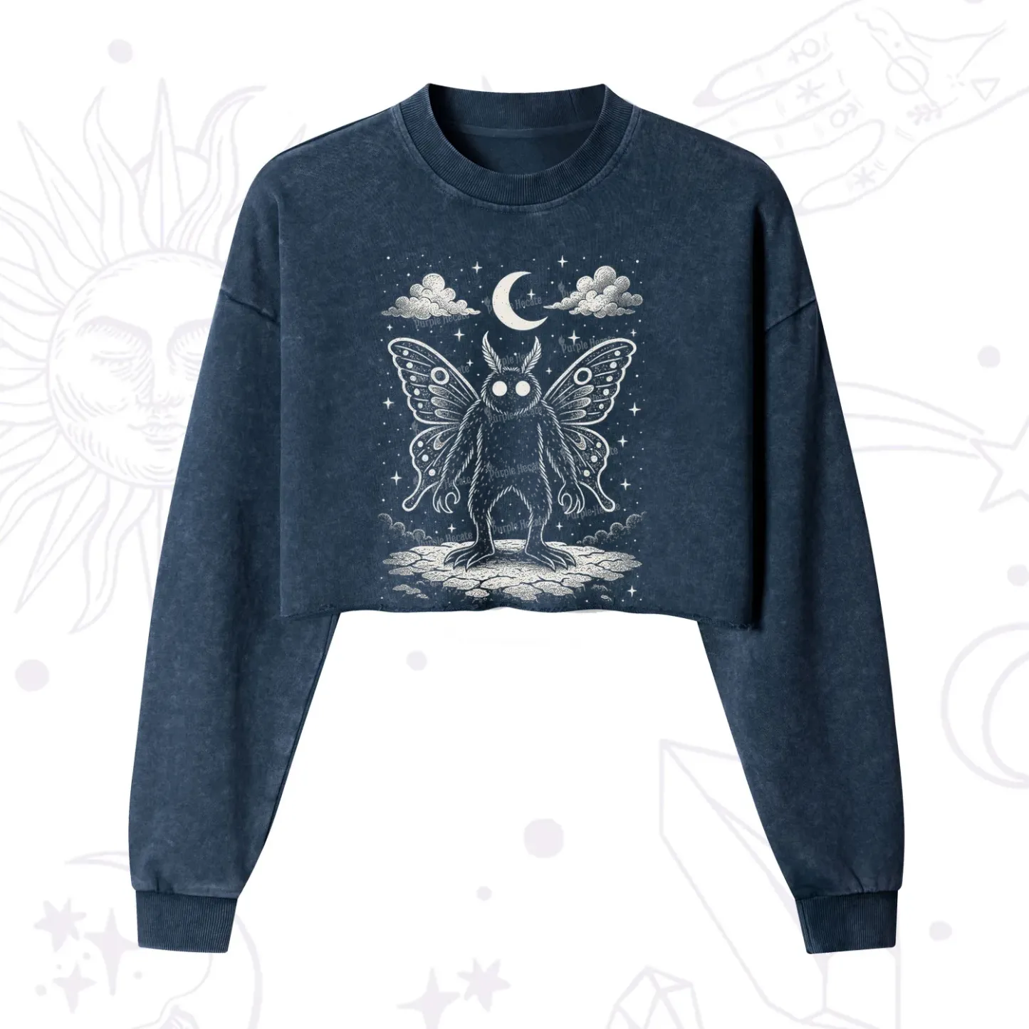 Purplehecate Celestial Cryptid Mothman Cropped Washed Sweatshirt