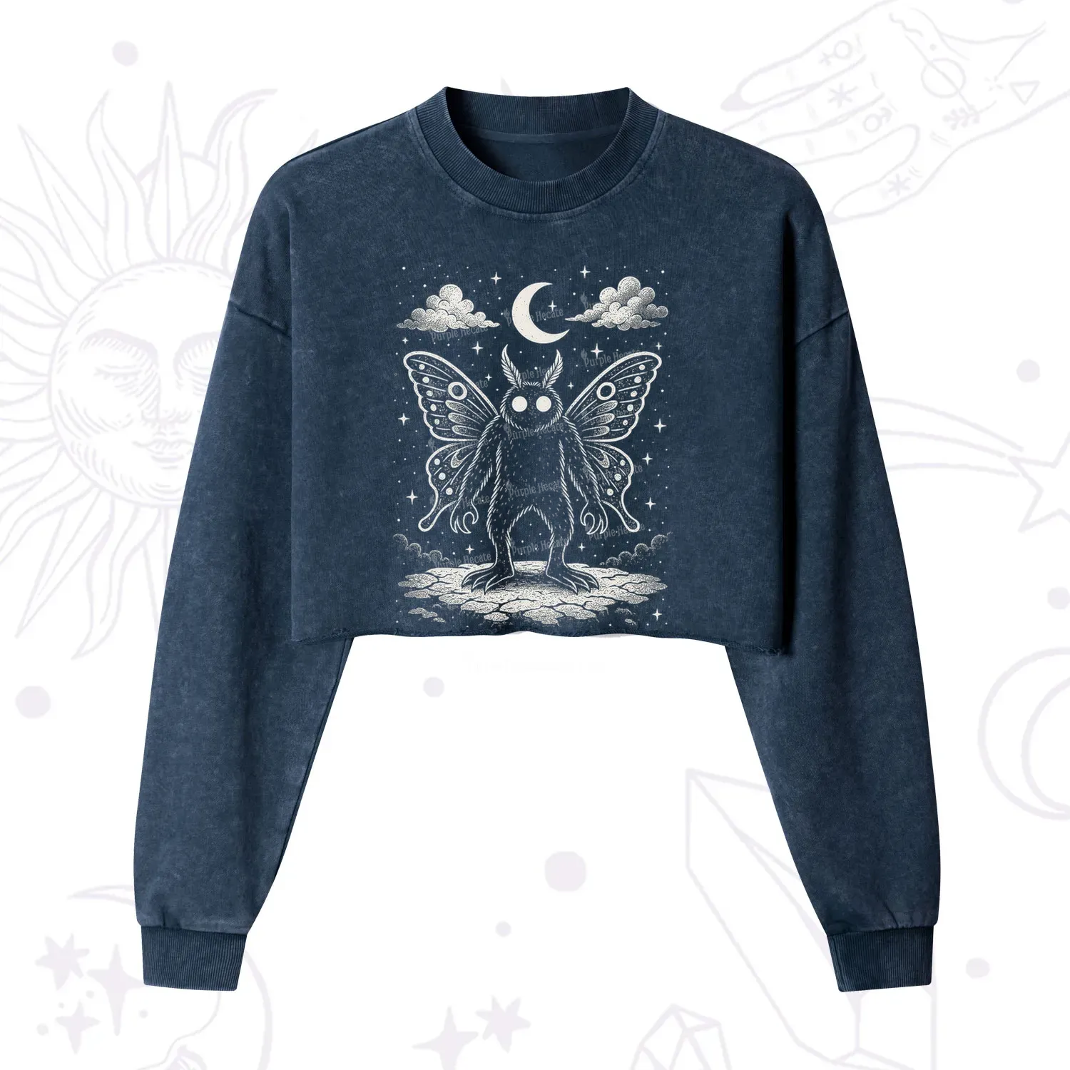 Purplehecate Celestial Cryptid Mothman Cropped Washed Sweatshirt