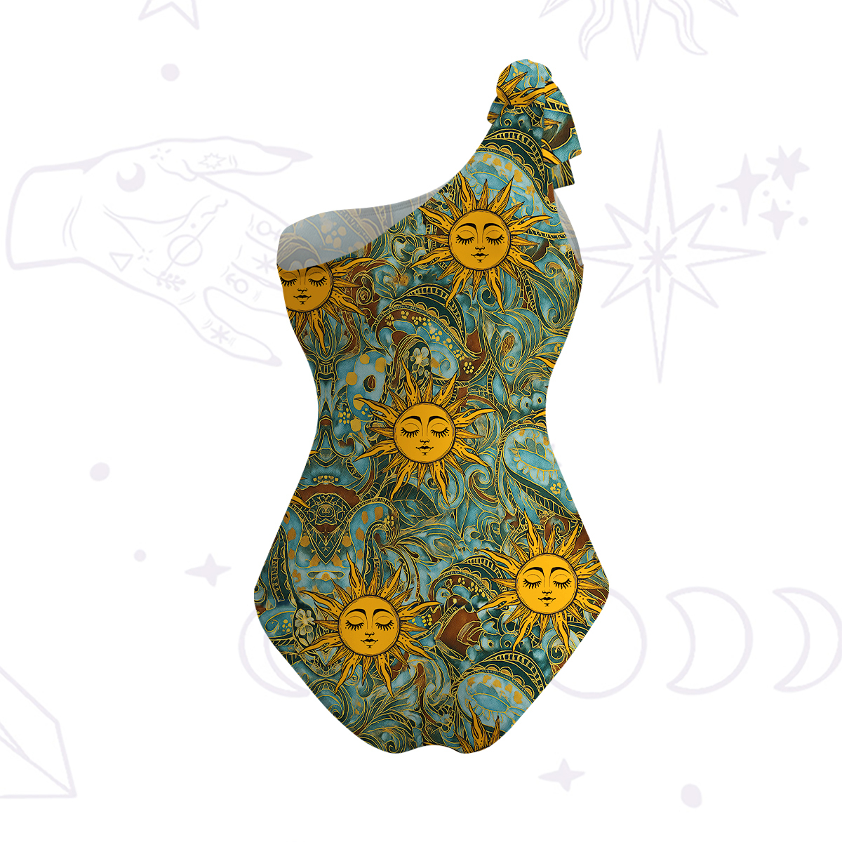 Purplehecate Golden Sun Wheel One-Shoulder One-Piece Swimsuit