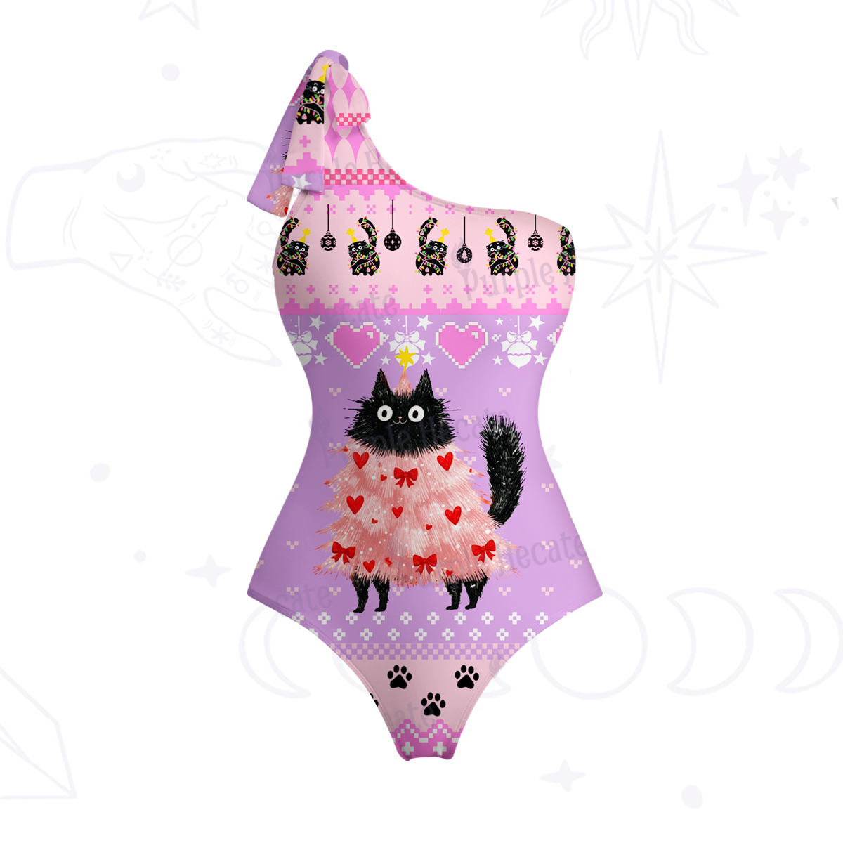 Purplehecate Funny Black Cat in Tree One-Shoulder One-Piece Swimsuit