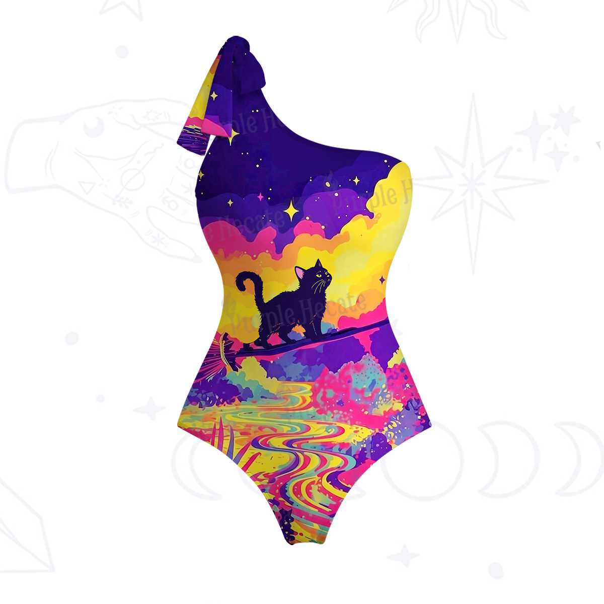 Purplehecate Midnight Cosmic Cat Fantasy One-Shoulder One-Piece Swimsuit