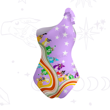 Purplehecate Rainbow Raccoon Star One-Shoulder One-Piece Swimsuit