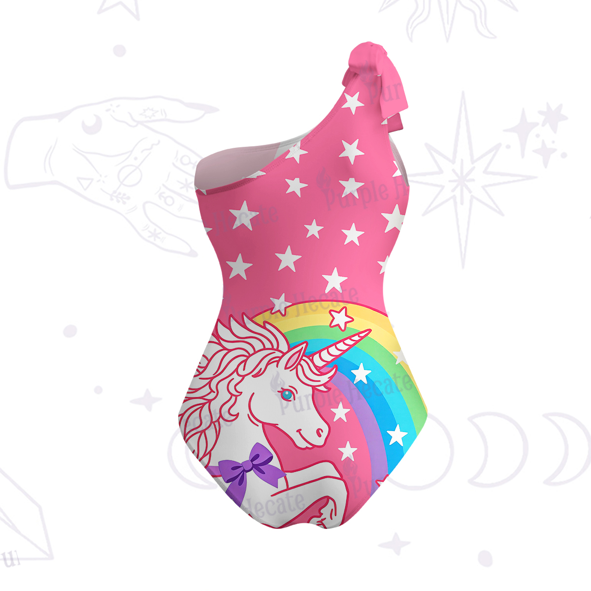Purplehecate Dreamy Rainbow Unicorn One-Shoulder One-Piece Swimsuit