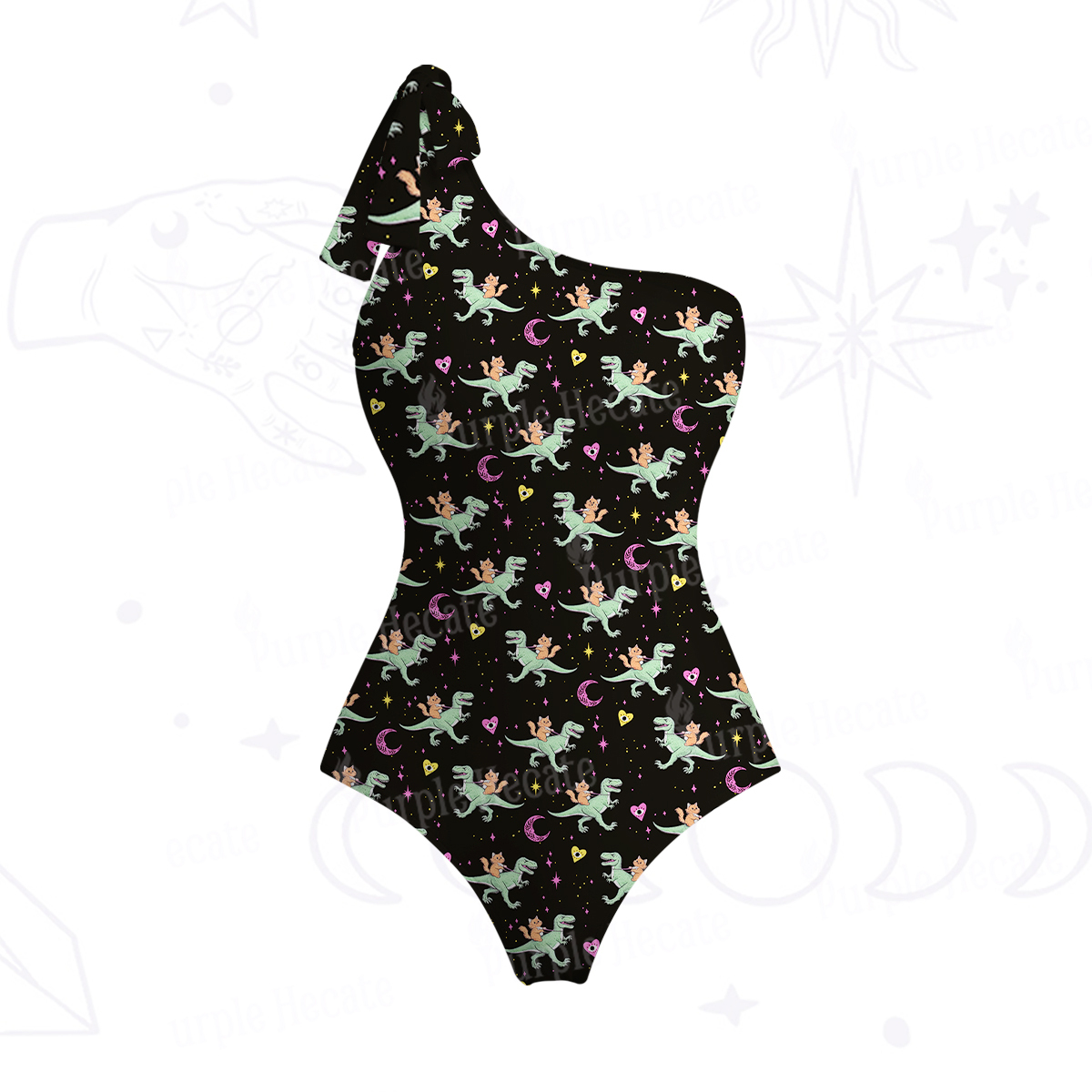 Purplehecate Witch Cat Rides the Dino One-Shoulder One-Piece Swimsuit