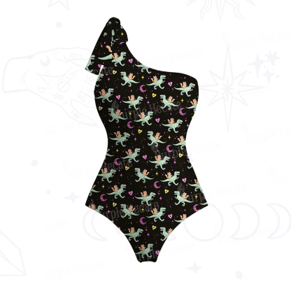 Purplehecate Witch Cat Rides the Dino One-Shoulder One-Piece Swimsuit