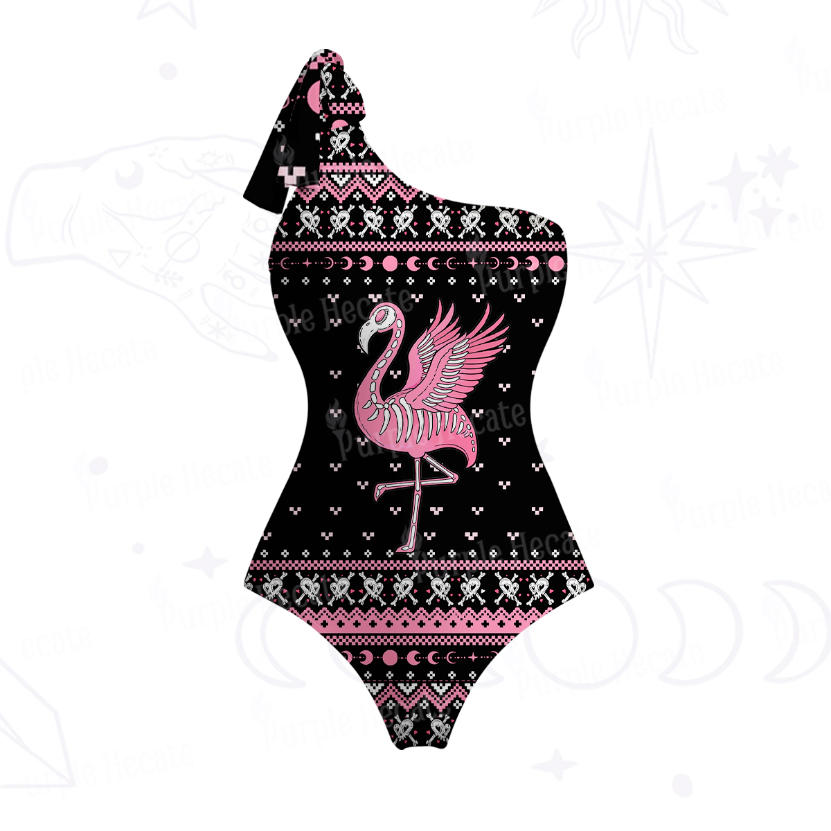 Purplehecate Witchy Pink Flamingo Skull One-Shoulder One-Piece Swimsuit