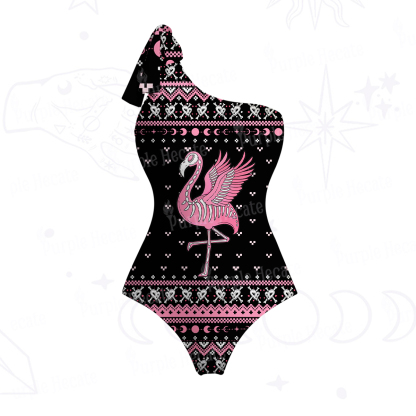 Purplehecate Witchy Pink Flamingo Skull One-Shoulder One-Piece Swimsuit