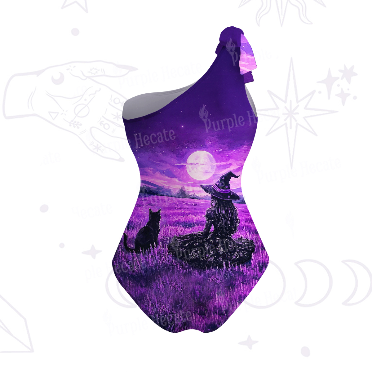 Purplehecate Dreamy Purple Witch and Black Cat One-Shoulder One-Piece Swimsuit