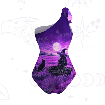 Purplehecate Dreamy Purple Witch and Black Cat One-Shoulder One-Piece Swimsuit