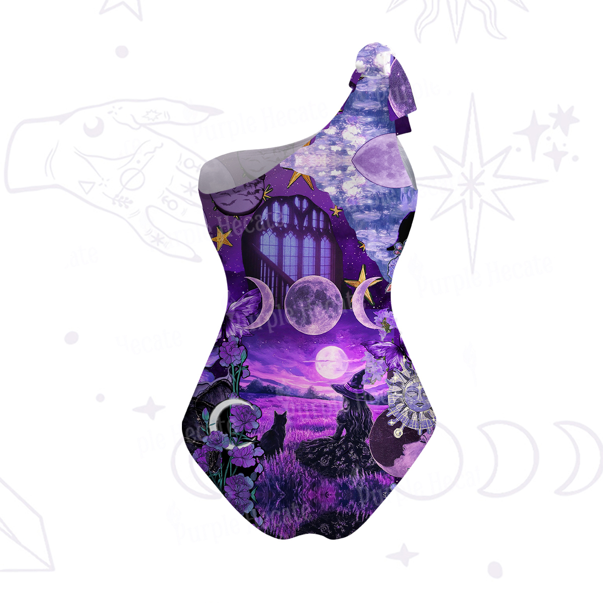Purplehecate Witchy Black Cat Moon One-Shoulder One-Piece Swimsuit