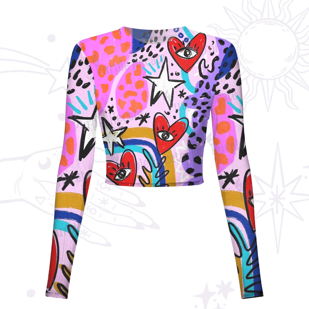 Purplehecate Cosmic Love Eyes Graffiti Mesh Long Sleeve Crop Top