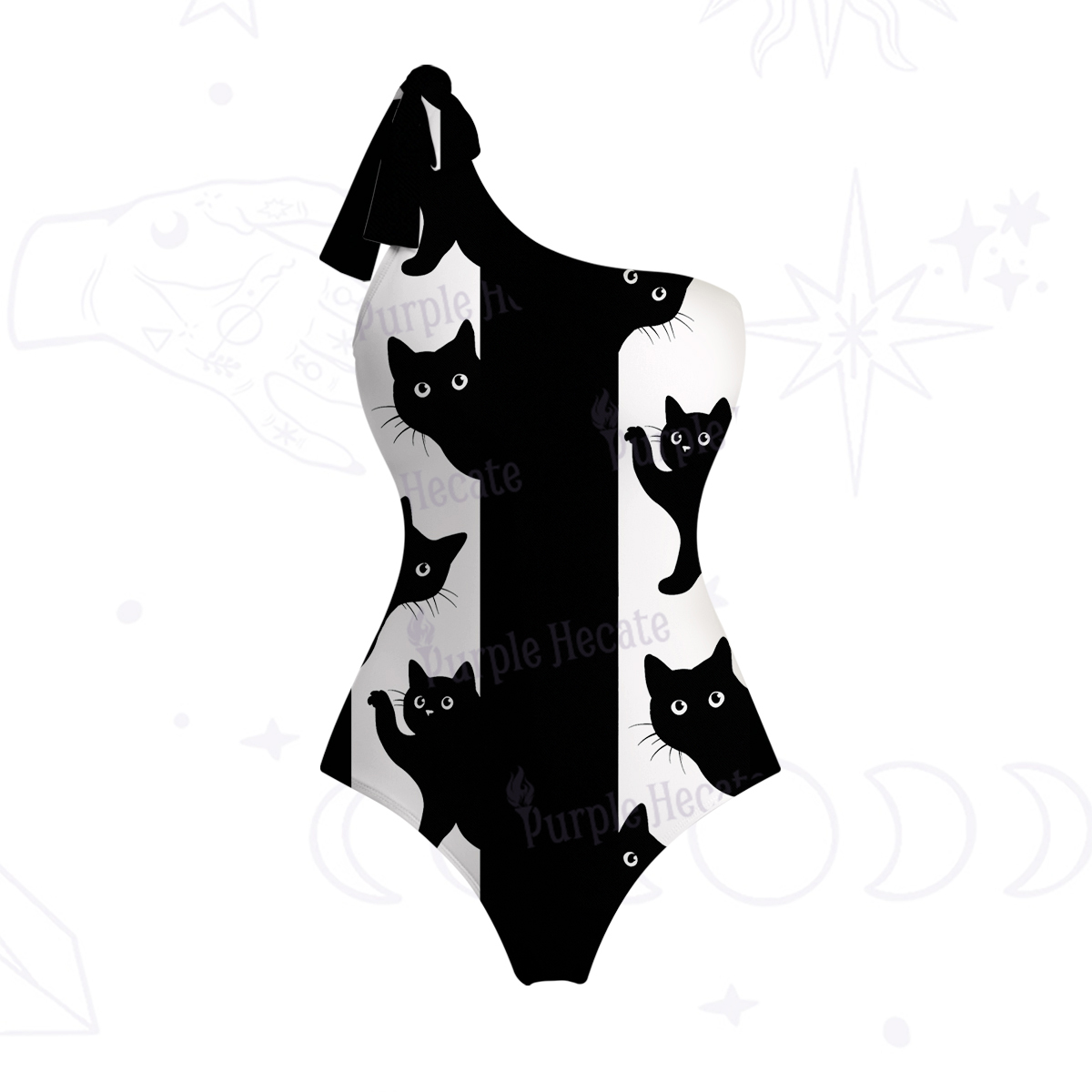 Purplehecate Peekaboo Cats One-Shoulder One-Piece Swimsuit