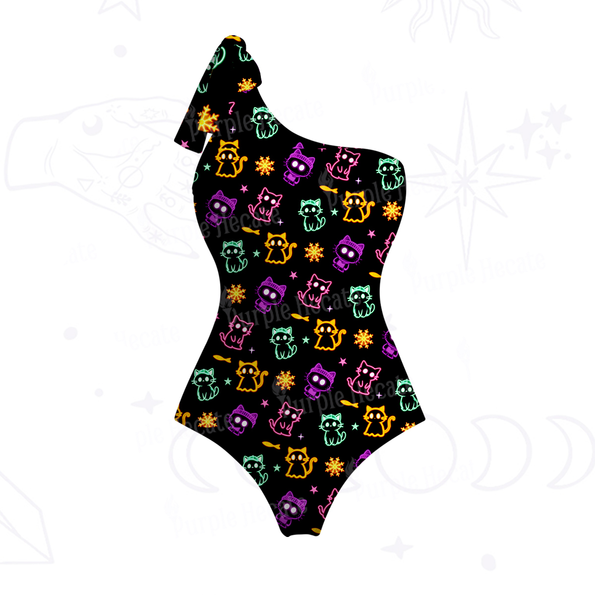 Purplehecate Neon Cat Party One-Shoulder One-Piece Swimsuit