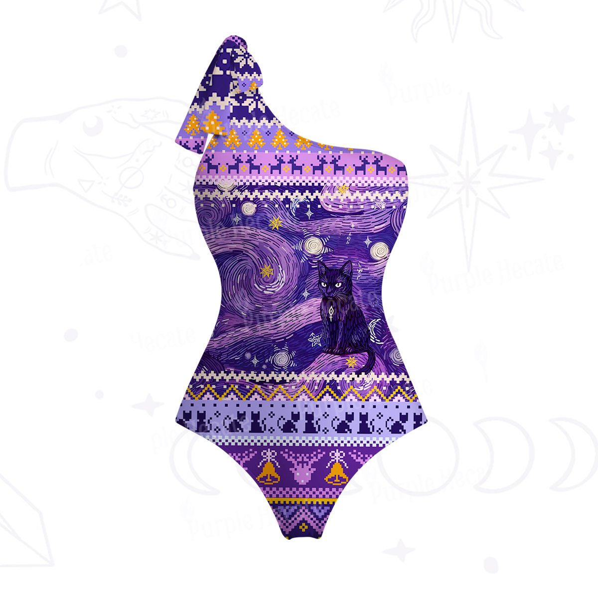 Purplehecate Mystic Cat Beneath the Cosmic Veil One-Shoulder One-Piece Swimsuit
