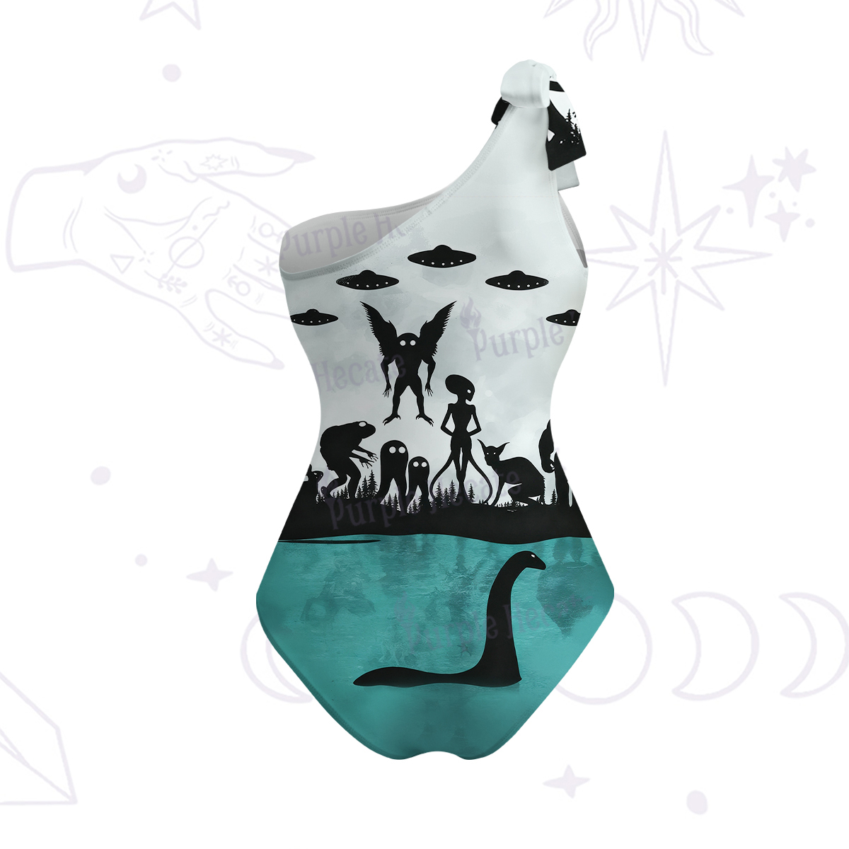 Purplehecate Alien Lake Monster Encounter One-Shoulder One-Piece Swimsuit