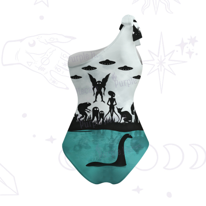 Purplehecate Alien Lake Monster Encounter One-Shoulder One-Piece Swimsuit
