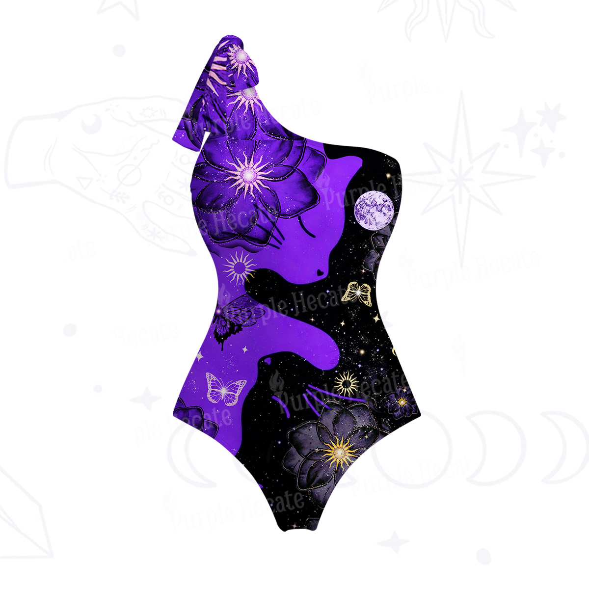 Purplehecate Starlit Cats & Butterflies One-Shoulder One-Piece Swimsuit