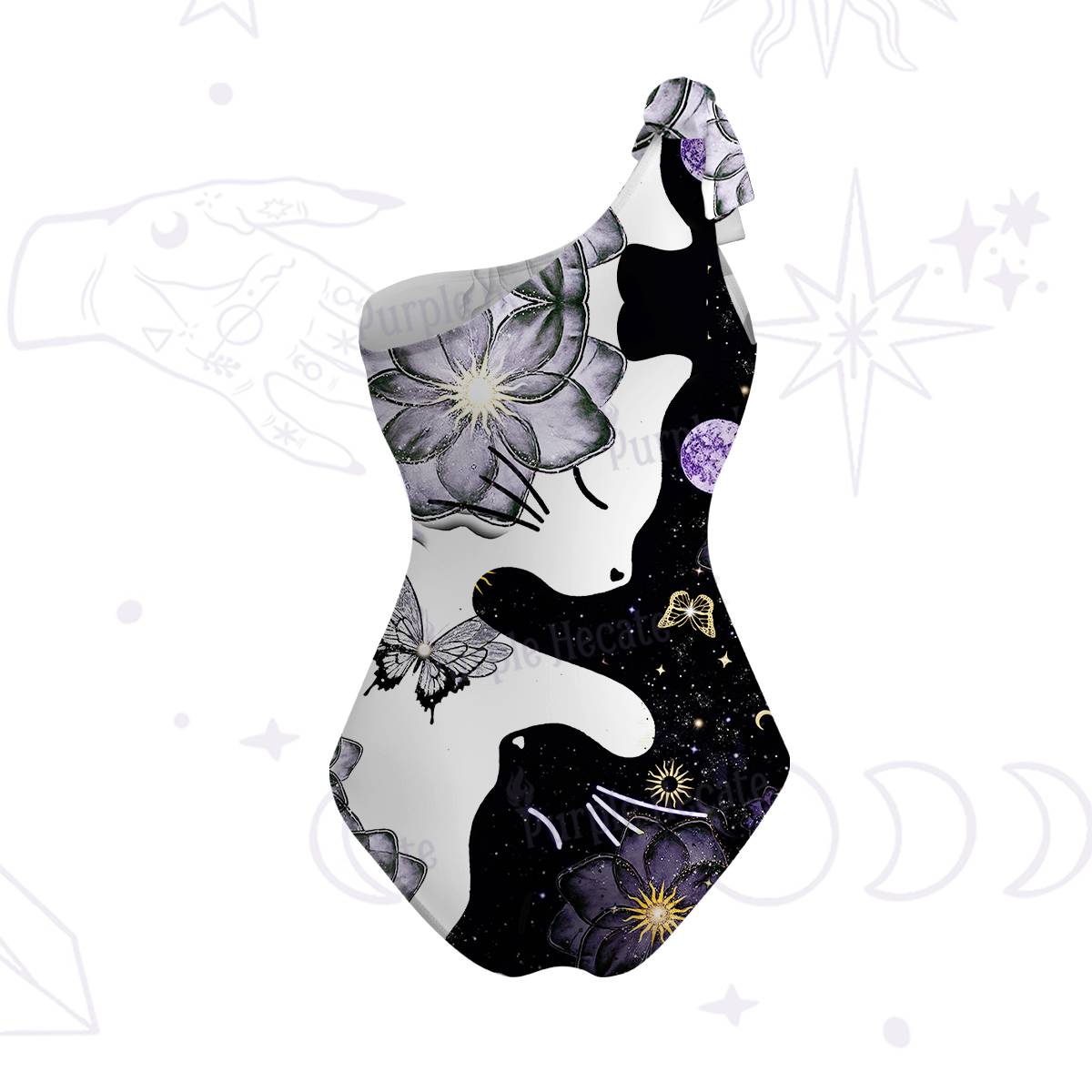 Purplehecate Starlit Cats & Butterflies One-Shoulder One-Piece Swimsuit