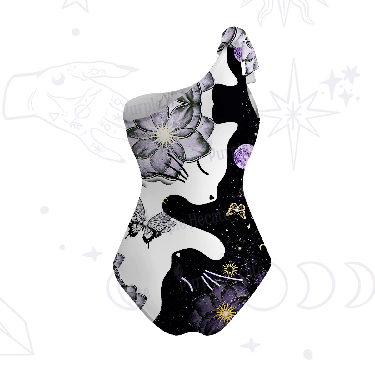 Purplehecate Starlit Cats & Butterflies One-Shoulder One-Piece Swimsuit