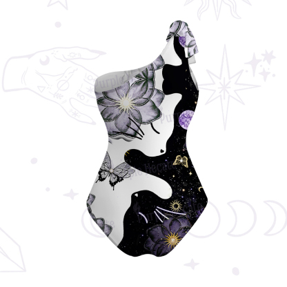 Purplehecate Starlit Cats & Butterflies One-Shoulder One-Piece Swimsuit