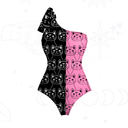 Purplehecate Sketchy Cat One-Shoulder One-Piece Swimsuit