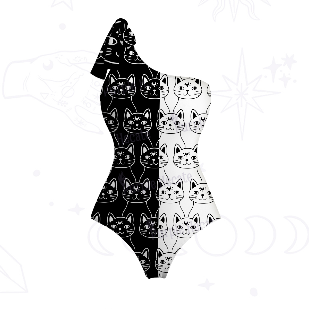 Purplehecate Sketchy Cat One-Shoulder One-Piece Swimsuit