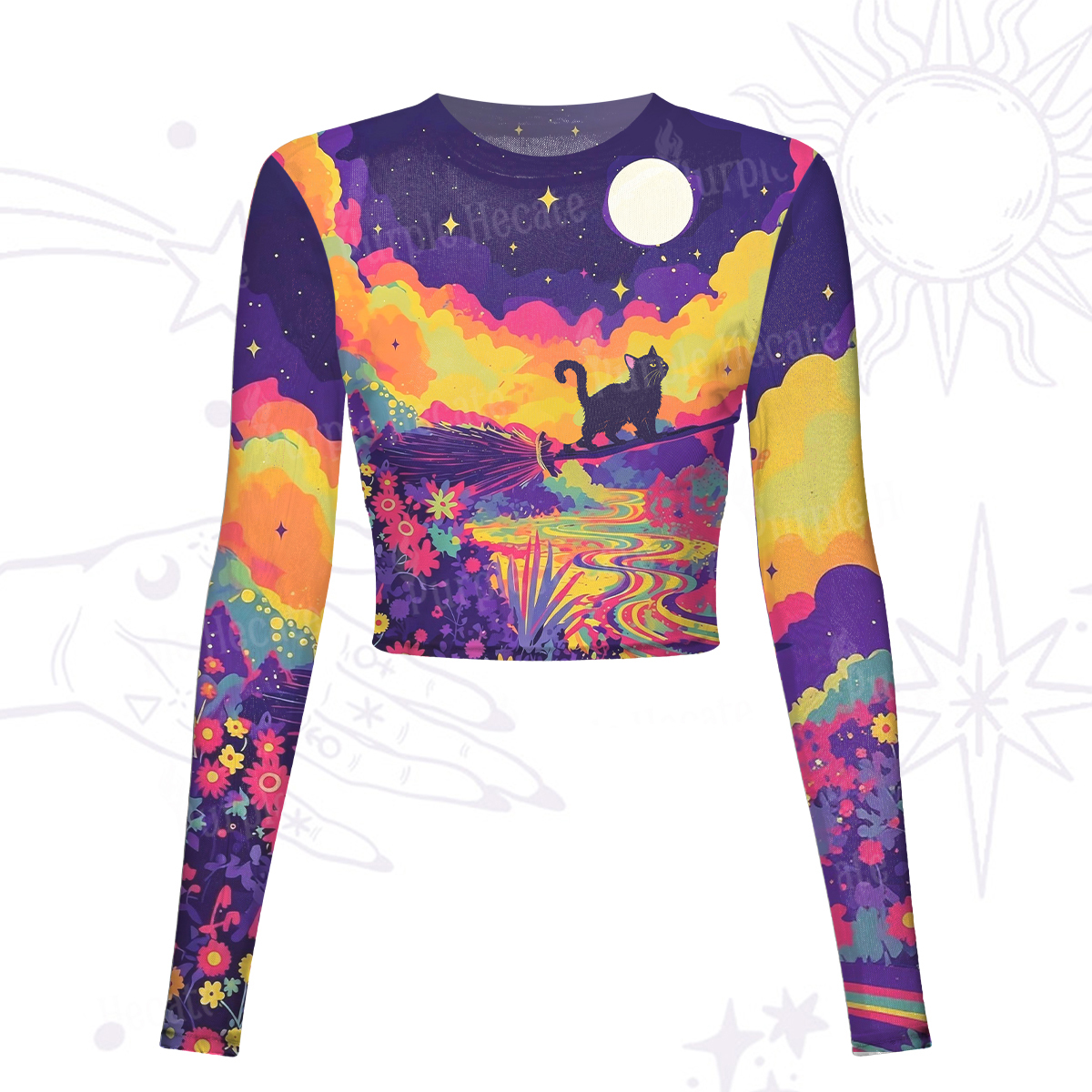 Purplehecate Midnight Cosmic Cat Fantasy Mesh Long Sleeve Crop Top