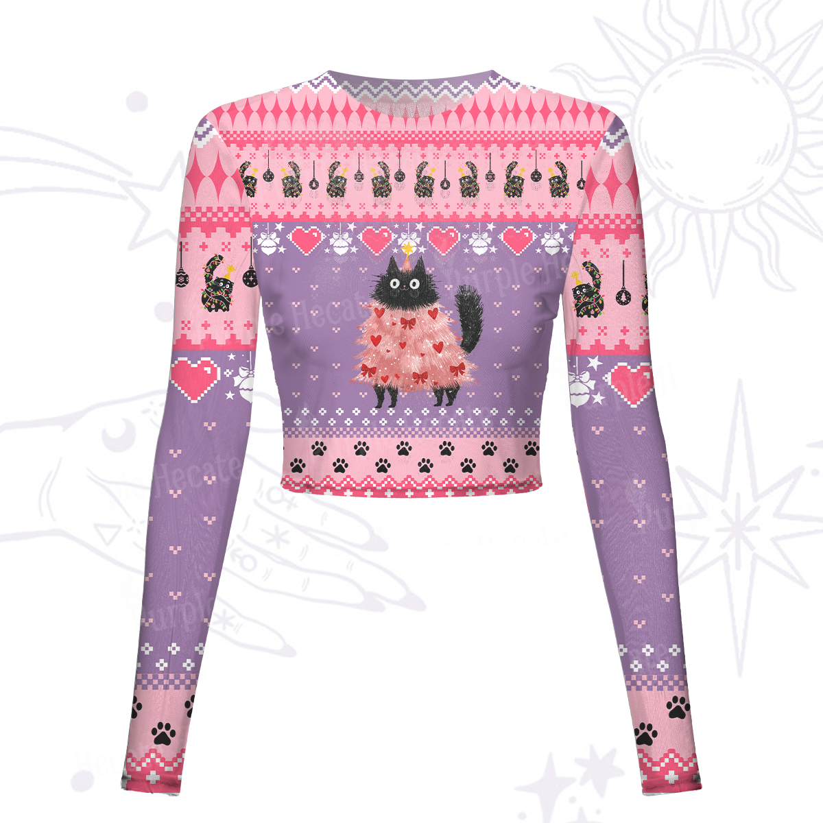 Purplehecate Funny Black Cat in Tree Mesh Long Sleeve Crop Top