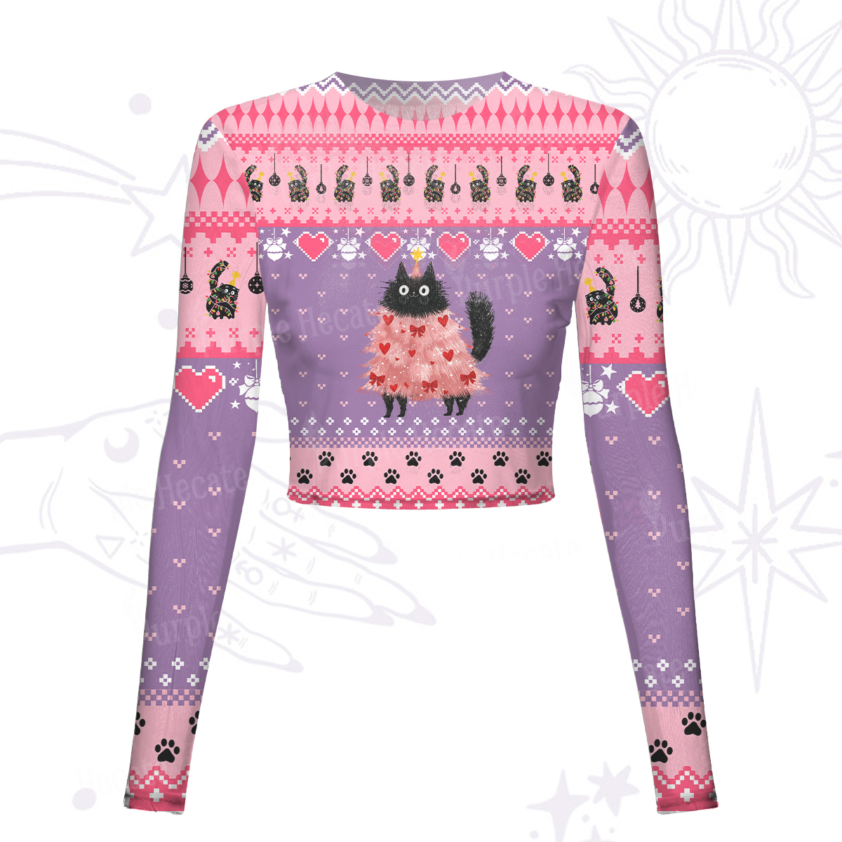 Purplehecate Funny Black Cat in Tree Mesh Long Sleeve Crop Top